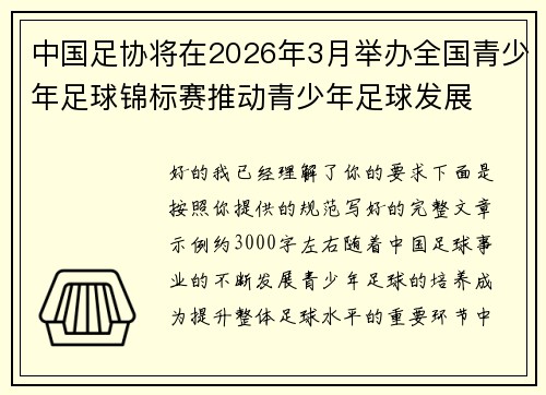 中国足协将在2026年3月举办全国青少年足球锦标赛推动青少年足球发展